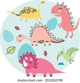 Dinosaurios en círculo. Una divertida impresión con dinosaurios en el césped y hojas. Ilustración para niños