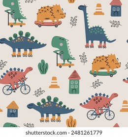 Dinosaurios en el patrón sin fisuras de la cita. Lindo dinosaurio de dibujos animados en una patineta, bicicleta, rodillos, scooter en estilo plano.