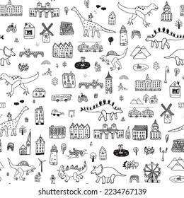 Dinosaurs in the city vector seamless pattern.