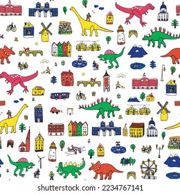 Dinosaurs in the city vector seamless pattern.