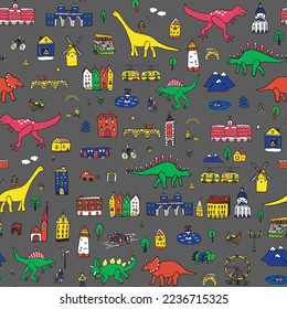 Dinosaurs in the city vector seamless pattern.