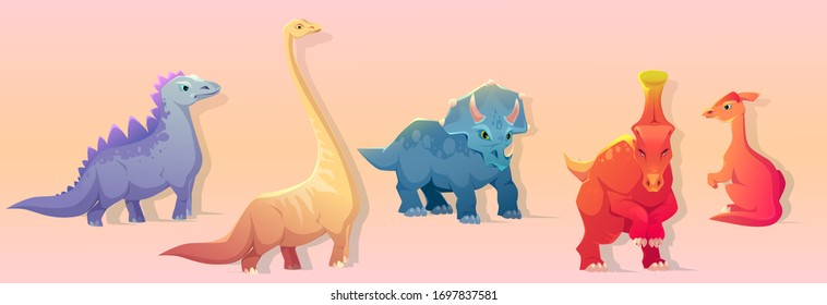 Dinosaurier Clipart. Cute Cartoon Triceratops, Parasaurolophus, Brachiosaurus und Stegosaurus. Vektorillustration dino Charaktere, Reihe von fossilen prähistorischen Tieren. Einzeln alte Reptilien