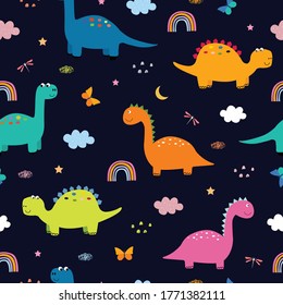 Dinosaurs and clouds in the sky Seamless pattern cute cartoon animal background Hand drawn in child style Design, used for printing, wallpaper, fabric, textile Vector illustration