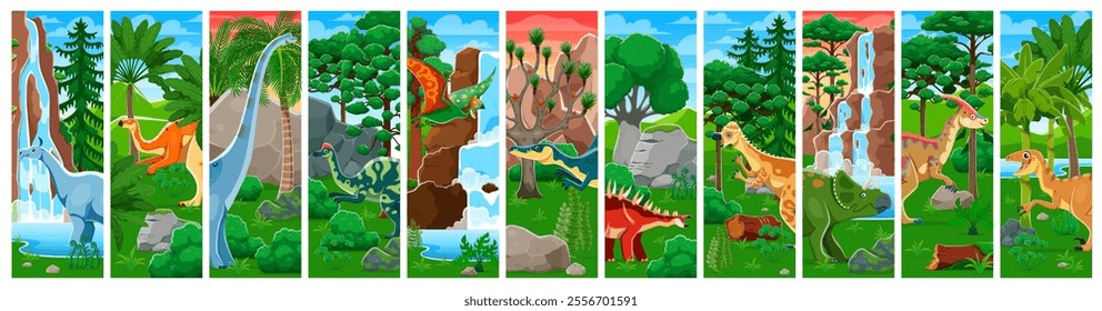 Dinosaurs collage of cartoon Jurassic dino lizards characters, vector background. Prehistoric era collage of giant lizards and reptiles in forest for kids dinosaur atlas, paleontology park or museum