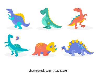 Dinosaurs collection, different types of prehistoric animals, cute illustration for children