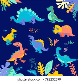 Dinosaurs collection, different types of prehistoric animals, cute illustration for children