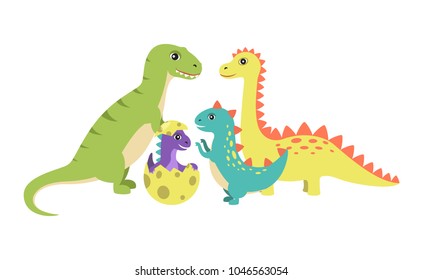 Dinosaurs collection and egg with new generation of dinosaur offspring of spiked creatures characters vector illustration isolated on white background