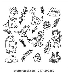 Dinosaurs collection. Hand drawn doodle style. Vector illustration isolated on white. Coloring page.