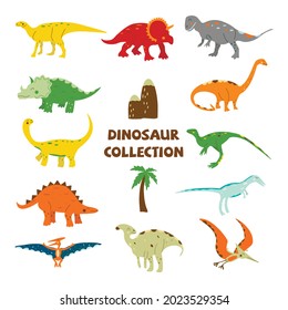 Dinosaurs collection. Parasaurolophus and gallimimus, pterosaur and triceratops, stegosaurus and hadrosaurus.Omnivorous animal, predators and herbivores. Colorful vector hand drawn illustration set 