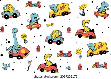 Colección de Dinosaurios con Auto, Autobús y Avión. Transporte, Ilustración vectorial