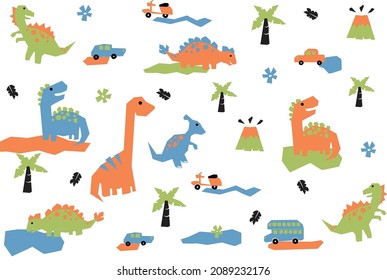 Colección de Dinosaurios con Auto, Autobús y Avión. Transporte, Ilustración vectorial