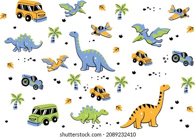 Colección de Dinosaurios con Auto, Autobús y Avión. Transporte, Ilustración vectorial