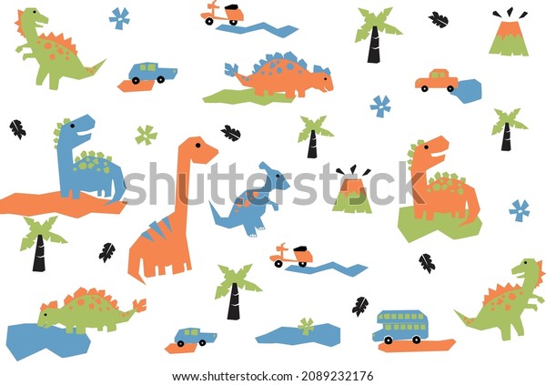 Dinosaurs Collection Set with Car, Bus, and\
Plane. Transportation, Vector\
Illustration