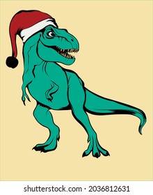 Dinosaurs color green, wiring Santa cap, nice smile and having fun.