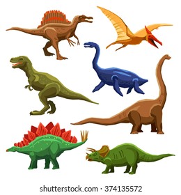 Dinosaurs color icons set in cartoon style on white background isolated vector illustration 