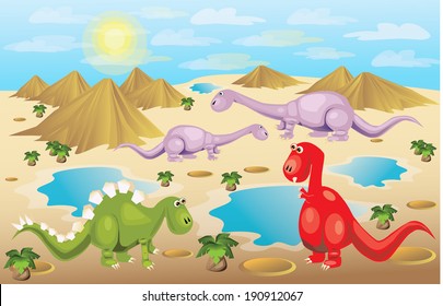 Dinosaurs in colorful background/ Dino Days/Colorful Dinosaur scene. Dinosaurs are on separate layers and can be used separately 