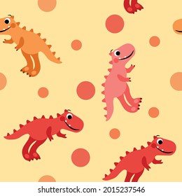 Dinosaurs colorful funny pattern for clothing print.
Seamless pattern with dinosaurs for boys and girls.
Design for wallpaper, background, poster, fabric.
