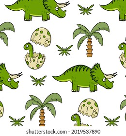 Dinosaurs. Colorful seamless pattern for decorating a children's room, fabric or textiles. Vector cartoon style.