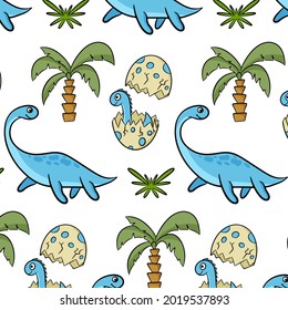 Dinosaurs. Colorful seamless pattern for decorating a children's room, fabric or textiles. Vector cartoon style.