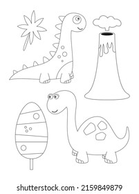 Dinosaurs coloring page printable for children. Preschool Space. Dinosaur, dino, volcano, jungle plants. Coloring Book. Vector illustration.