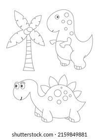 Dinosaurs coloring page printable for children. Preschool Space. Dinosaur, dino, palm tree, jungle plants. Coloring Book. Vector illustration.
