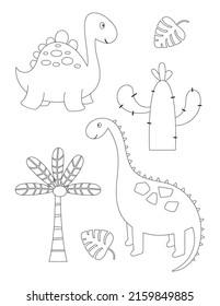 Dinosaurs coloring page printable for children. Preschool Space. Dinosaur, dino, palm tree, jungle plants, cactus. Coloring Book. Vector illustration.