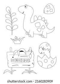 Dinosaurs coloring page printable for children. Preschool Space. Dinosaur, baby dino in egg, signpost, jungle plants. Coloring Book. Vector illustration.