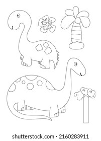 Dinosaurs coloring page printable for children. Preschool Space. Dinosaur, baby dino, palm tree, jungle plants, flower. Coloring Book. Vector illustration.