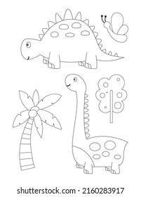 Dinosaurs coloring page printable for children. Preschool Space. Dinosaur, dino, butterfly, jungle plants, palm tree. Coloring Book. Vector illustration.