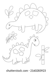 Dinosaurs coloring page printable for children. Preschool Space. Dinosaur, dino, bamboo, jungle plants. Coloring Book. Vector illustration.