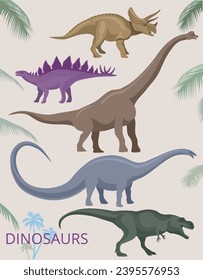 Dinosaurs in colors. Silhouette of brontosaurus, triceratops, stegosaurus and others reptile