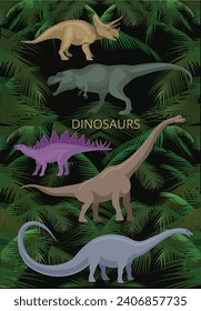 Dinosaurs in colors. Silhouette of brontosaurus, triceratops, stegosaurus and others reptile
