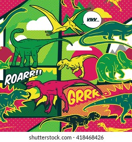 Dinosaurs comic pop art style seamless vector pattern