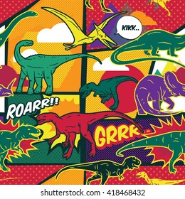 Dinosaurs comic pop art style seamless vector pattern