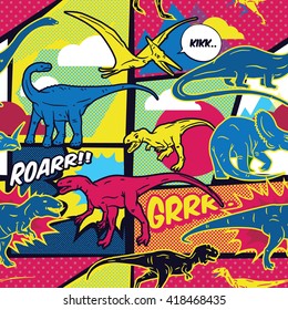 Dinossauros estilo pop art padrão de vetor sem costura