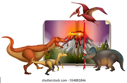 Dinosaurs coming out of a book with volcano