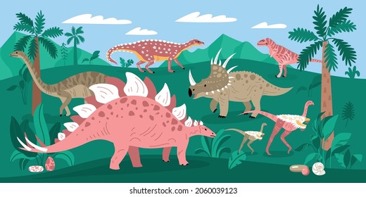 Composición de dinosaurios con paisaje al aire libre jungla silvestre con palmeras montañas y reptiles caminantes de distintos tipos de ilustraciones vectoriales