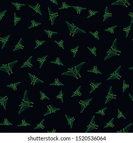 dinosaurs contour drawing green geometric seamless pattern on a black background design for children's clothing