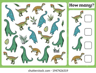 Dinosaurs Counting Game for Preschool Children. Count how many Educational a mathematical game. 
