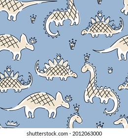 Dinosaurs and crowns childrens seamless pattern. Abstract hand made background.