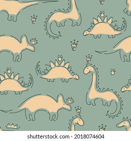 Dinosaurios y coronas sin fisuras en el patrón minimalista para los niños textiles, papel pintado, decoración. Resumen del fondo vectorial.
