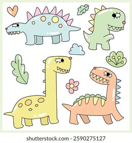  Dinosaurs, cute, colorful, hand drawn