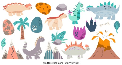 Dinosaurs and cute eggs with volcano and mountains for kids in set isolated on white background. Dino clipart with eggs for baby textiles in flat style.Vector illustration.