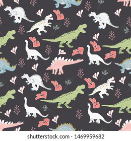 Dinosaurs cute hand drawn seamless pattern with pink leaves. Vector Illustration