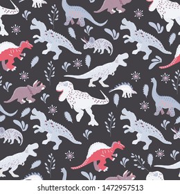 Dinosaurs cute hand drawn seamless pattern on black background. Vector Illustration