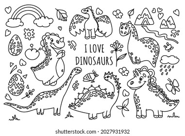 Dinosaurs in cute hand drawn style isolated on white background, dino clipart collection of cartoon animals for coloring book, nursery, posters and children room. Vector illustration