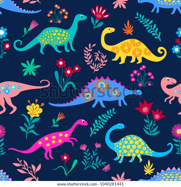 恐龙可爱的孩子图案的女孩和男孩 五颜六色的卡通动物抽象创意无缝背景 纺织品和织物艺术背景 库存矢量图 免版税