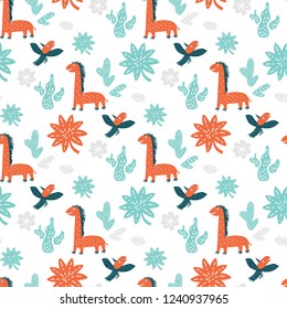 Dinosaurs Cute seamless pattern in cartoon style on abstract background. Vector illustration. For textile and fabric kids design