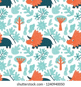 Dinosaurs Cute seamless pattern in cartoon style on abstract background. Vector illustration. For textile and fabric kids design