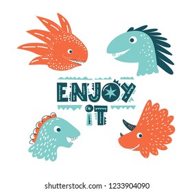 Dinosaurs cute vector illustration in flat cartoon style. Enjoy it hand drawn lettering. Illustration for nursery t-shirt, kids apparel, logo, invitation, poster, card, baby shower